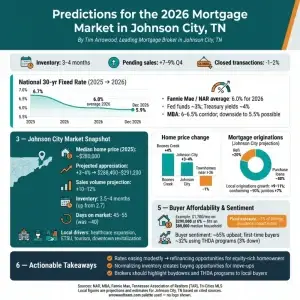 Infographic showing 2026 Johnson City TN housing forecast: rates easing to 5.9%, home prices rising 3–4%, sales up 10–12%, inventory at 3–4 months, and buyer affordability trends with $1,700 payments at 6%. Includes local projections, price changes, mortgage originations, and key takeaways for Tri-Cities buyers.
