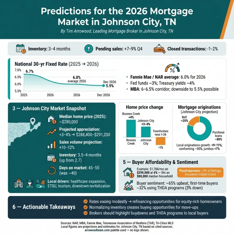 Infographic showing 2026 Johnson City TN housing forecast: rates easing to 5.9%, home prices rising 3–4%, sales up 10–12%, inventory at 3–4 months, and buyer affordability trends with $1,700 payments at 6%. Includes local projections, price changes, mortgage originations, and key takeaways for Tri-Cities buyers.