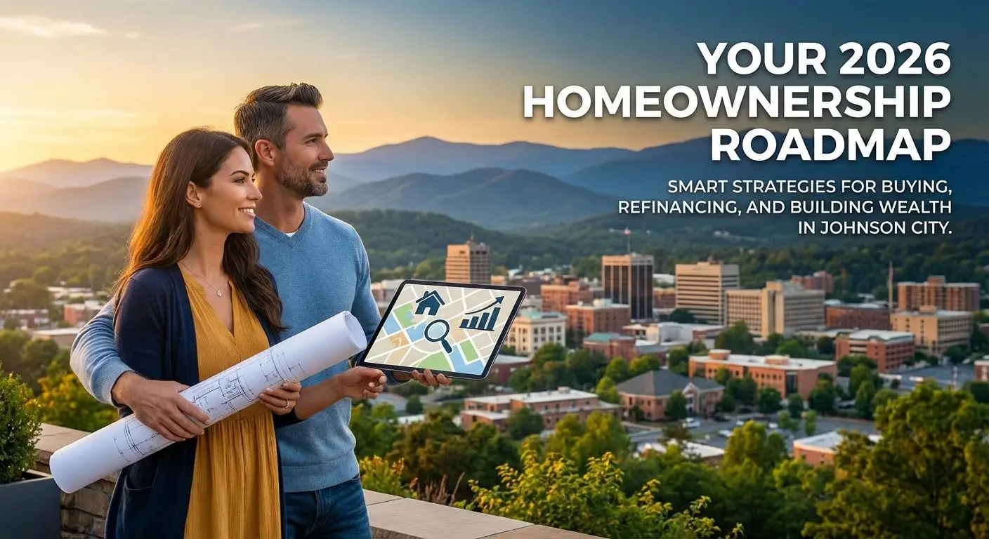 Couple reviewing 2026 homeownership roadmap with tablet overlooking Johnson City Tennessee skyline and Appalachian Mountains - mortgage planning guide