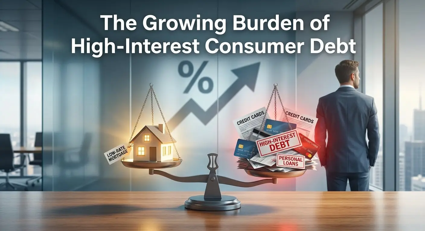 Businessman viewing balance scale weighing low-rate mortgage against high-interest consumer debt credit cards - growing burden of debt concept illustration