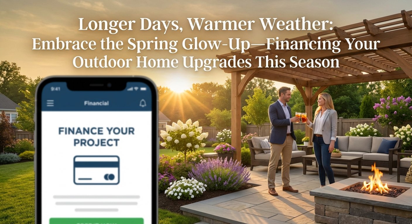 Home with outdoor spring upgrades like patio and landscaping with financing concept overlay.