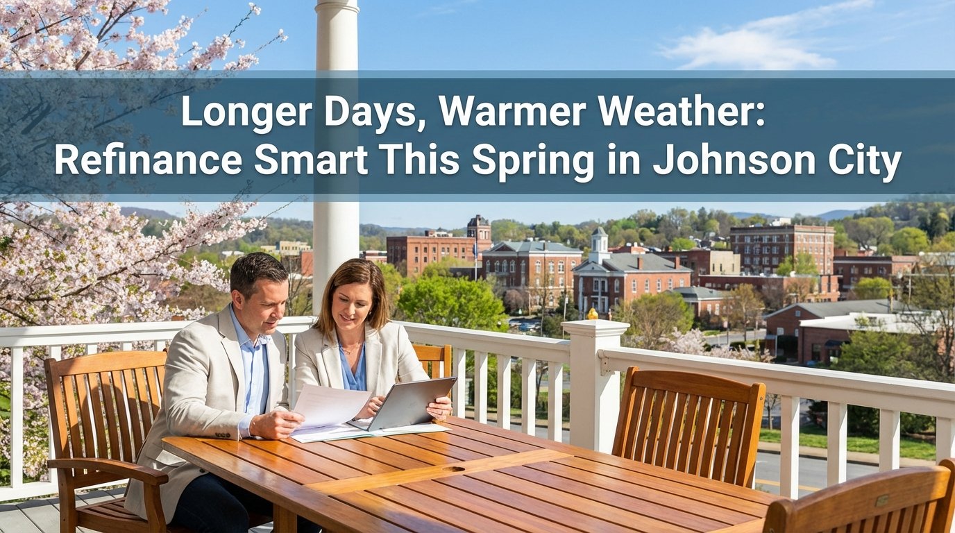 Spring refinance concept with home, blooming trees, and mortgage documents in Johnson City.