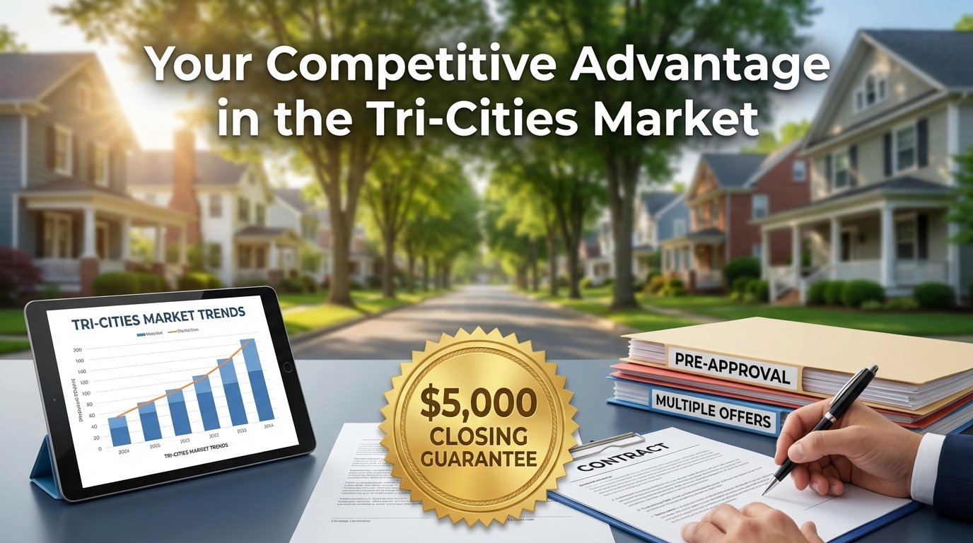 Infographic showing $5,000 closing guarantee in the Tri-Cities market, highlighting faster closings, reduced risk, and stronger offers for homebuyers
