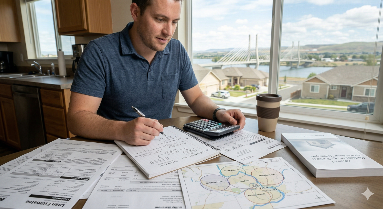 Homebuyer calculating affordability and mortgage costs with a lender in the Tri-Cities