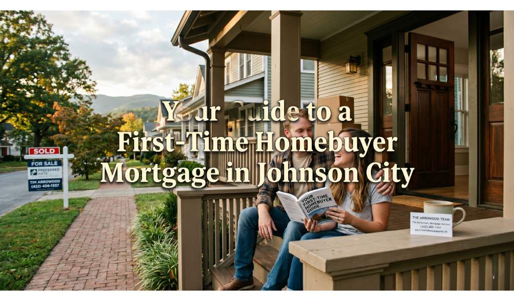 A couple sits on a Johnson City porch with a homebuyer guide and the title "Your Guide to a First-Time Homebuyer Mortgage in Johnson City" overlaid.